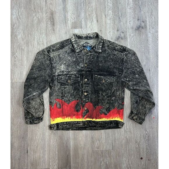 Canyon River Blues Jean Button Up Fire Flame Painted Black Women's M Custom OOAK - Picture 1 of 6